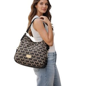 Michael Kors Monogram Canvas Leather Hobo Shoulder Bag